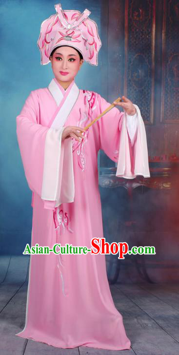 Top Grade Professional Beijing Opera Scholar Costume Niche Embroidered Pink Robe and Headwear, Traditional Ancient Chinese Peking Opera Butterfly Lovers Embroidery Clothing