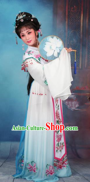 Top Grade Professional Beijing Opera Diva Costume Palace Lady Blue Embroidered Dress, Traditional Ancient Chinese Peking Opera Princess Embroidery Peony Clothing