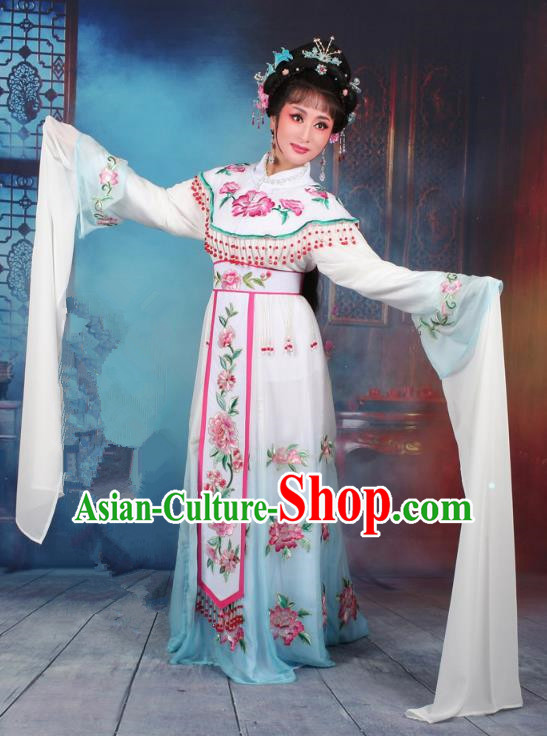 Top Grade Professional Beijing Opera Diva Costume Palace Lady Water Sleeve Blue Embroidered Dress, Traditional Ancient Chinese Peking Opera Princess Embroidery Peony Clothing