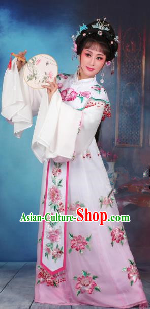 Top Grade Professional Beijing Opera Diva Costume Palace Lady Water Sleeve Pink Embroidered Dress, Traditional Ancient Chinese Peking Opera Princess Embroidery Peony Clothing