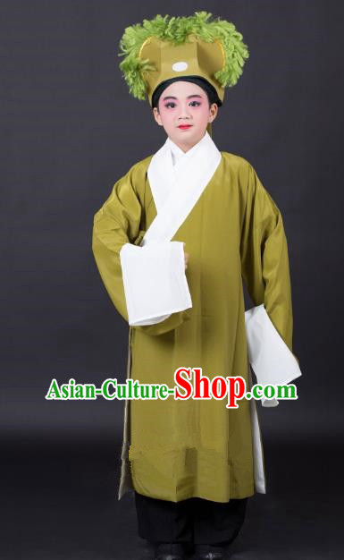 Top Grade Professional Beijing Opera Niche Costume Scholar Green Robe and Headwear, Traditional Ancient Chinese Peking Opera Embroidery Clothing for Kids