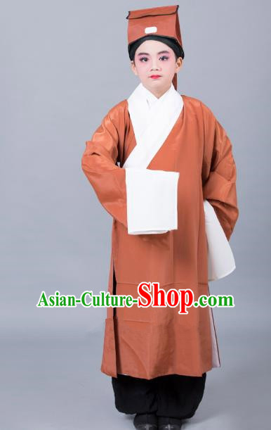 Top Grade Professional Beijing Opera Niche Costume Scholar Bronze Robe and Headwear, Traditional Ancient Chinese Peking Opera Embroidery Clothing for Kids