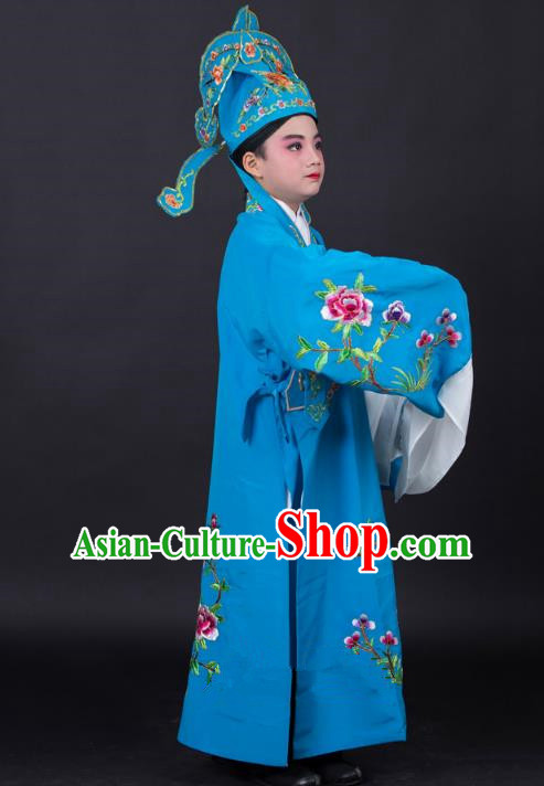 Top Grade Professional Beijing Opera Niche Costume Gifted Scholar Blue Embroidered Robe and Headwear, Traditional Ancient Chinese Peking Opera Embroidery Clothing for Kids