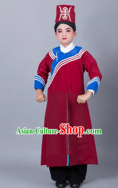 Top Grade Professional Beijing Opera Niche Costume Government Runners Red Robe and Headwear, Traditional Ancient Chinese Peking Opera Takefu Clothing for Kids