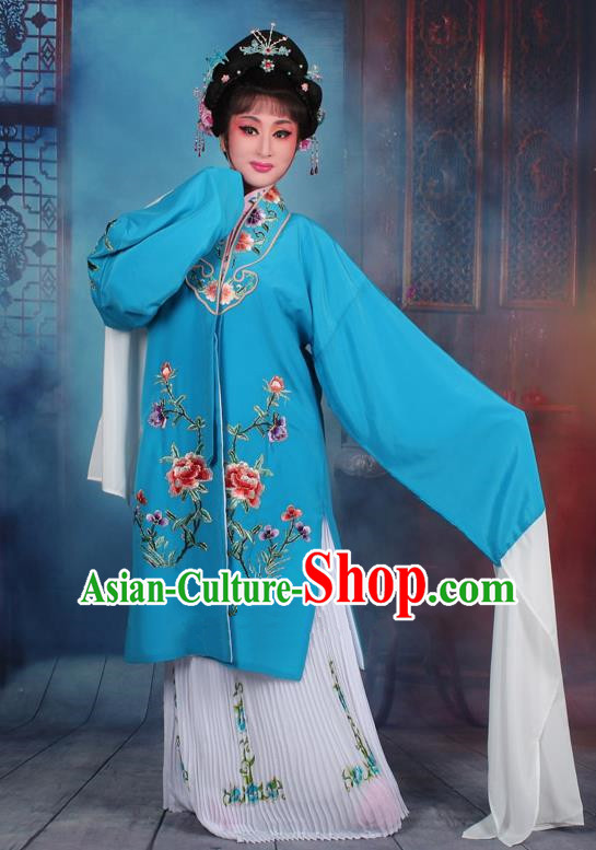 Top Grade Professional Beijing Opera Palace Lady Costume Hua Tan Blue Embroidered Cape Dress, Traditional Ancient Chinese Peking Opera Diva Embroidery Clothing