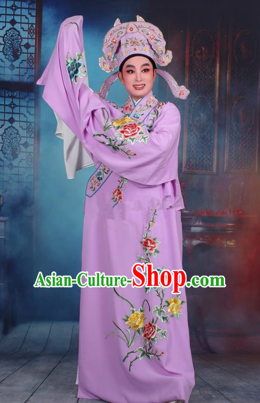 Top Grade Professional Beijing Opera Niche Costume Gifted Scholar Purple Embroidered Robe, Traditional Ancient Chinese Peking Opera Embroidery Clothing
