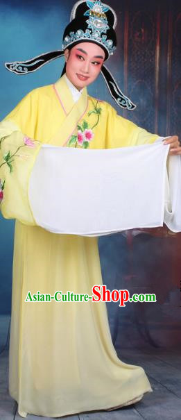 Top Grade Professional Beijing Opera Gifted Scholar Costume Niche Embroidered Yellow Robe and Headwear, Traditional Ancient Chinese Peking Opera Embroidery Clothing