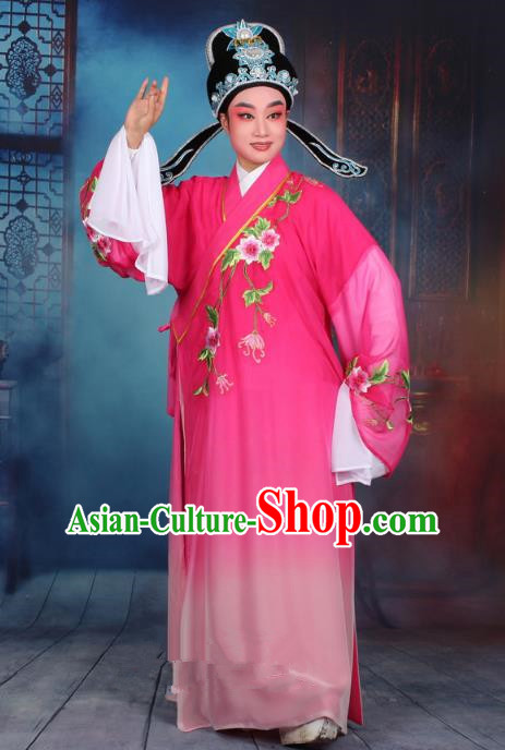 Top Grade Professional Beijing Opera Gifted Scholar Costume Niche Embroidered Rosy Robe and Headwear, Traditional Ancient Chinese Peking Opera Embroidery Clothing