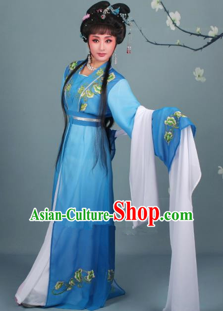 Top Grade Professional Beijing Opera Diva Costume Hua Tan Water Sleeve Embroidered Blue Dress, Traditional Ancient Chinese Peking Opera Princess Embroidery Clothing