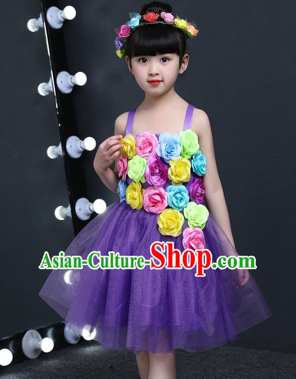 Top Grade Chinese Professional Performance Catwalks Costume, Children Princess Flowers Purple Veil Dress Modern Dance Clothing for Girls Kids