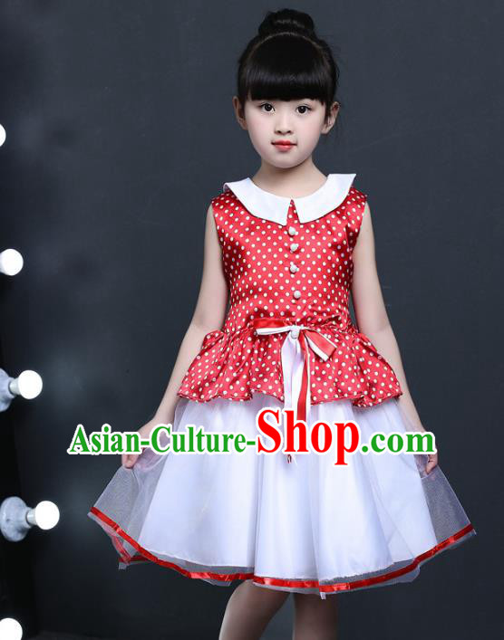 Top Grade Chinese Professional Performance Catwalks Costume, Children Princess Chorus Veil Red Dress Modern Dance Clothing for Girls Kids