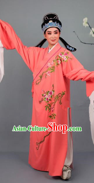 Top Grade Professional Beijing Opera Niche Costume Gifted Scholar Orange Embroidered Robe and Headwear, Traditional Ancient Chinese Peking Opera Embroidery Roses Clothing