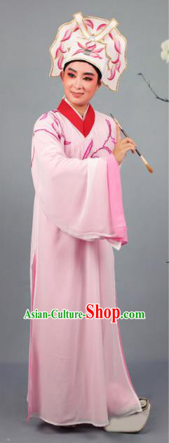 China Beijing Opera Niche Costume Gifted Scholar Embroidered Pink Robe and Headwear, Traditional Ancient Chinese Peking Opera Embroidery Clothing