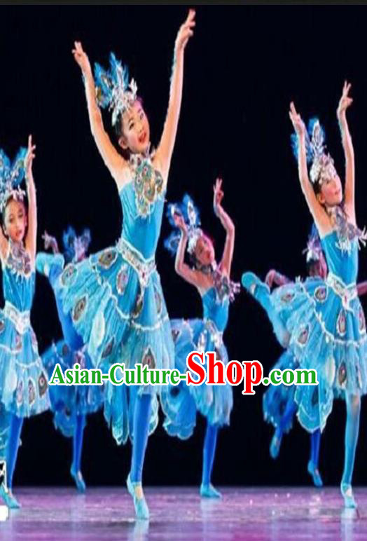 Traditional Indian Classical Dai Nationality Dance Costume, China Peacock Dance Clothing Blue Uniform for Kids