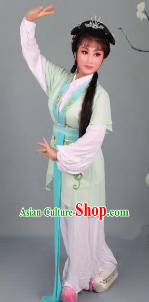 Top Grade Professional Beijing Opera Young Lady Costume Handmaiden Light Green Embroidered Suit, Traditional Ancient Chinese Peking Opera Maidservants Embroidery Clothing