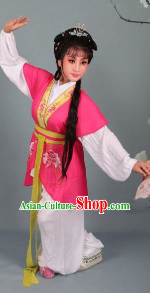 Top Grade Professional Beijing Opera Young Lady Costume Handmaiden Peach Red Embroidered Suit, Traditional Ancient Chinese Peking Opera Maidservants Embroidery Clothing