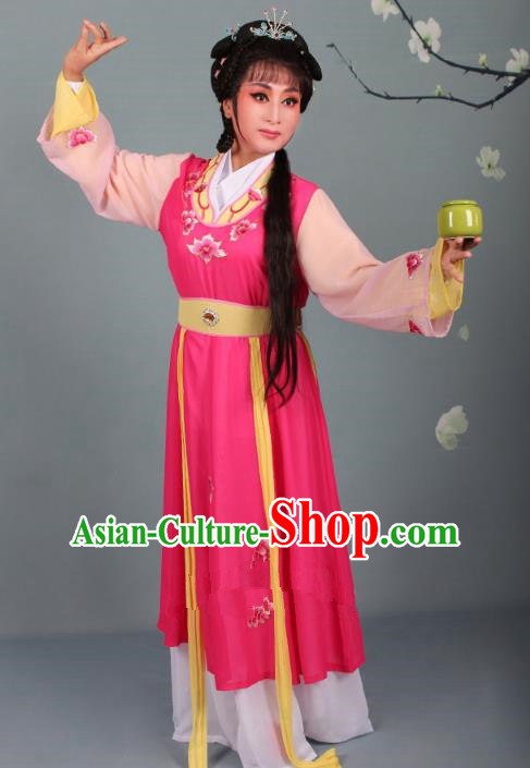 Top Grade Professional Beijing Opera Young Lady Diva Costume Handmaiden Rosy Embroidered Dress, Traditional Ancient Chinese Peking Opera Maidservants Embroidery Clothing
