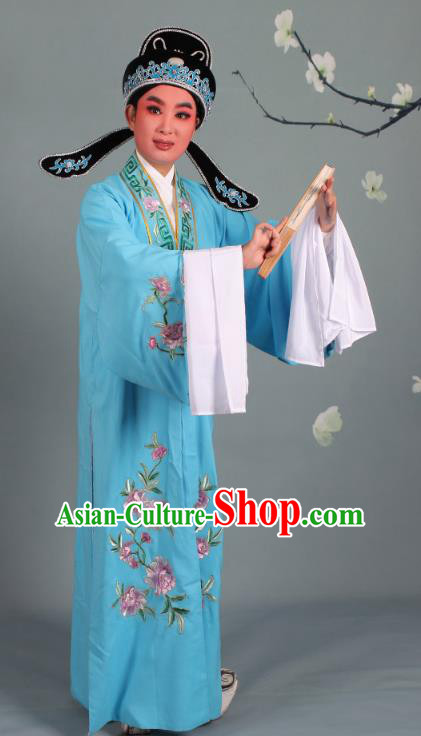 Top Grade Professional Beijing Opera Niche Costume Scholar Deep Blue Embroidered Robe and Shoes, Traditional Ancient Chinese Peking Opera Young Men Embroidery Peony Cape Clothing