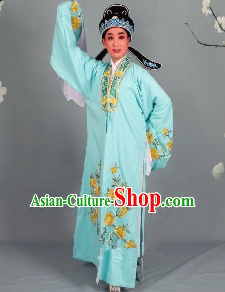 Top Grade Professional Beijing Opera Niche Costume Scholar Green Embroidered Robe and Shoes, Traditional Ancient Chinese Peking Opera Young Men Embroidery Peony Cape Clothing