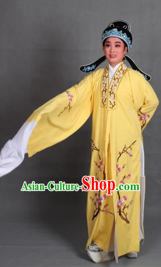 Top Grade Professional Beijing Opera Niche Costume Scholar Yellow Embroidered Robe and Shoes, Traditional Ancient Chinese Peking Opera Young Men Embroidery Plum Blossom Cape Clothing