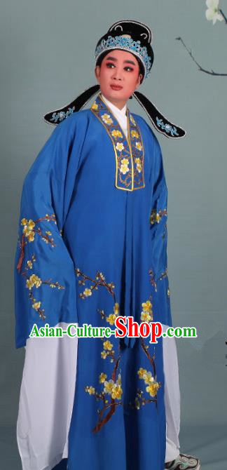 Top Grade Professional Beijing Opera Niche Costume Scholar Blue Embroidered Robe and Shoes, Traditional Ancient Chinese Peking Opera Young Men Embroidery Plum Blossom Cape Clothing