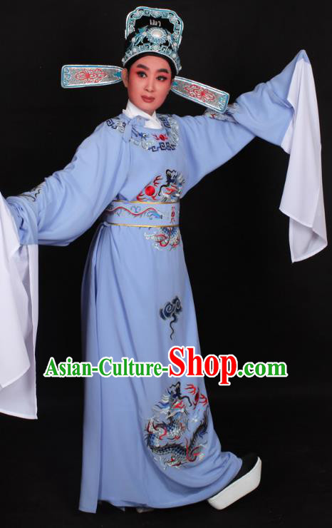 Top Grade Professional Beijing Opera Niche Costume Lang Scholar Blue Embroidered Robe and Hat, Traditional Ancient Chinese Peking Opera Young Men Embroidery Dragons Clothing