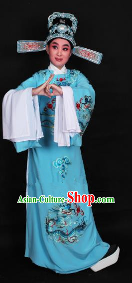 Top Grade Professional Beijing Opera Niche Costume Lang Scholar Blue Embroidered Robe and Hat, Traditional Ancient Chinese Peking Opera Young Men Embroidery Dragons Clothing