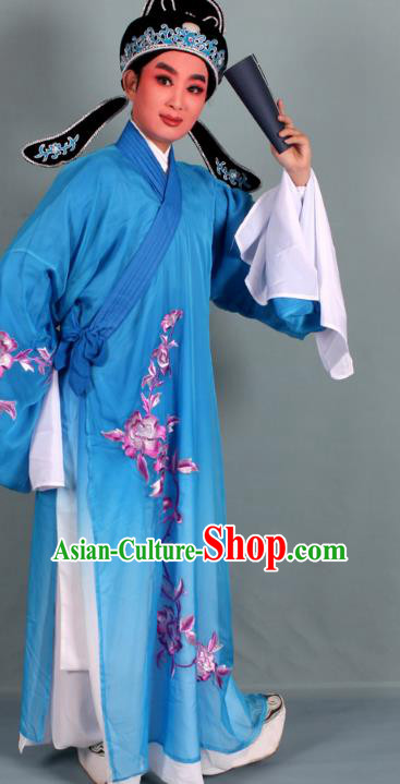 Top Grade Professional Beijing Opera Niche Costume Scholar Blue Double-deck Embroidered Robe and Hat, Traditional Ancient Chinese Peking Opera Young Men Embroidery Clothing
