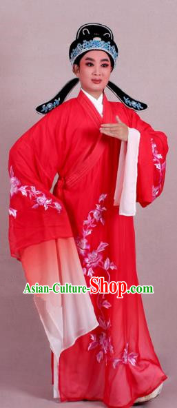 Top Grade Professional Beijing Opera Niche Costume Scholar Red Double-deck Embroidered Robe and Hat, Traditional Ancient Chinese Peking Opera Young Men Embroidery Clothing