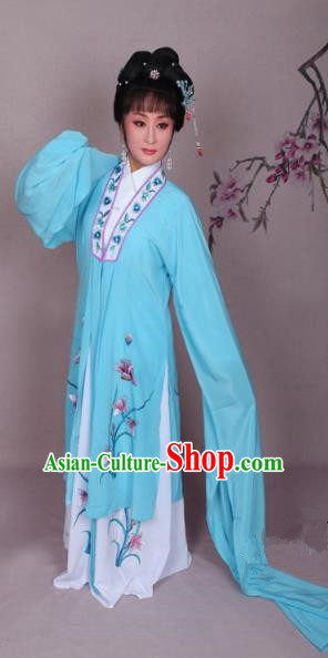 Top Grade Professional Beijing Opera Hua Tan Costume Water Sleeve Blue Embroidered Dress, Traditional Ancient Chinese Peking Opera Diva Embroidery Clothing