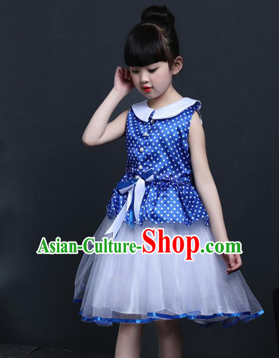 Top Grade Chinese Professional Performance Catwalks Costume, Children Princess Chorus Veil Blue Dress Modern Dance Clothing for Girls Kids