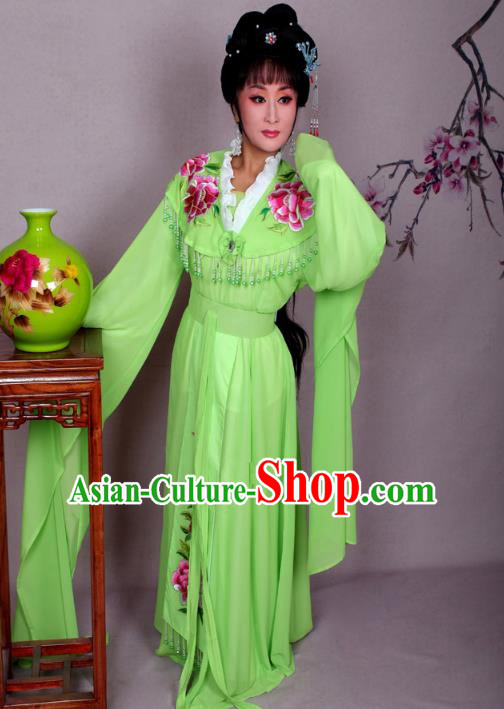 Top Grade Professional Beijing Opera Hua Tan Costume Palace Lady Green Embroidered Peony Dress, Traditional Ancient Chinese Peking Opera Diva Princess Embroidery Clothing