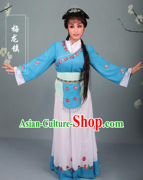 Top Grade Professional Beijing Opera Young Lady Costume Handmaiden Blue Embroidered Dress, Traditional Ancient Chinese Peking Opera Maidservants Embroidery Clothing
