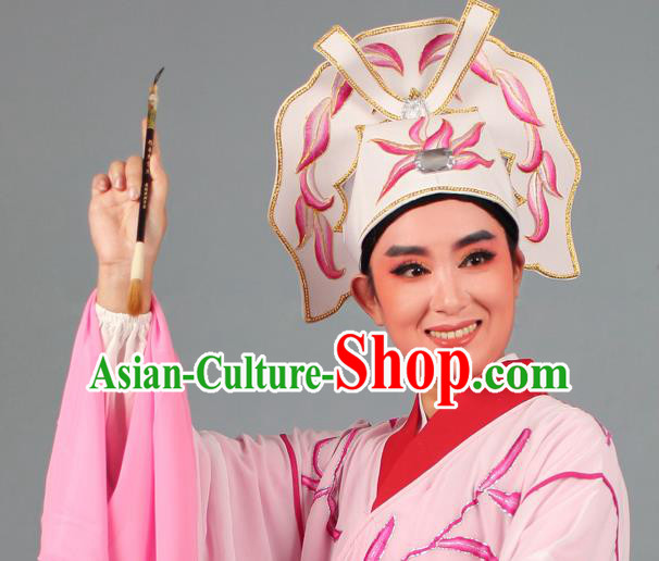 Top Grade Beijing Opera Niche Gifted Scholar Embroidered Pink Hat, Traditional Ancient Chinese Peking Opera Young Men Headwear