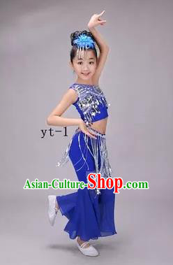 Traditional Chinese Dai Nationality Peacock Dance Costume, Children Folk Dance Ethnic Costume, Chinese Minority Nationality Dance Royalblue Dress for Kids
