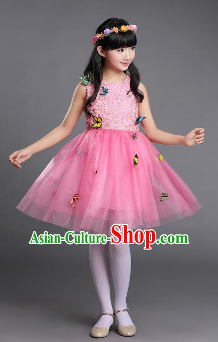 Top Grade Chinese Professional Performance Chorus Catwalks Costume, Children Pink Veil Bubble Butterfly Full Dress Modern Dance Dress for Girls Kids