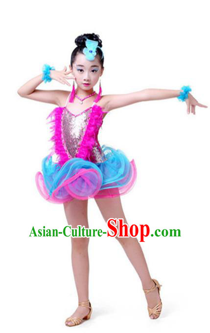 Top Grade Chinese Compere Professional Performance Catwalks Costume, Children Latin Dance Tassel Uniform Modern Dance Rosy Clothing for Girls Kids