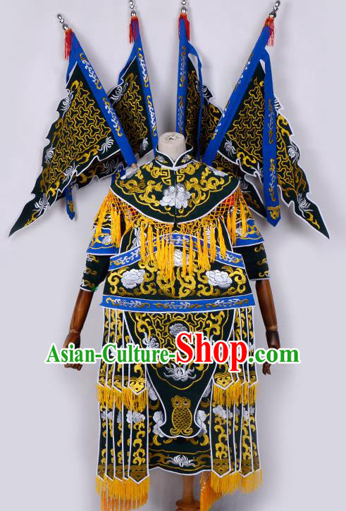 Traditional China Beijing Opera Female General Costume and Headwear Complete Set, Ancient Chinese Peking Opera Swordplay Military Officer Embroidery Blue Clothing