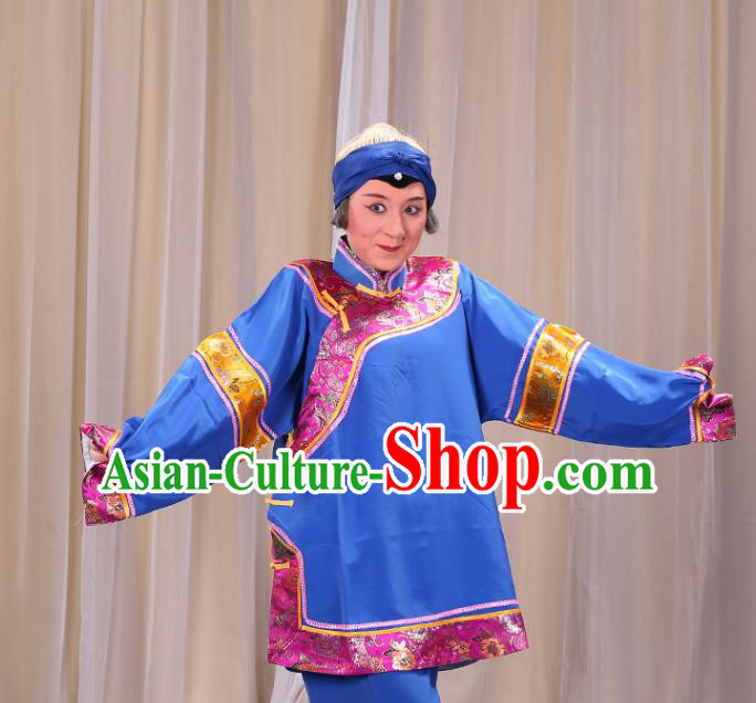 Top Grade Professional Beijing Opera Old Women Costume Pantaloon Embroidered Blue Clothing, Traditional Ancient Chinese Peking Opera Matchmakers Embroidery Clothing