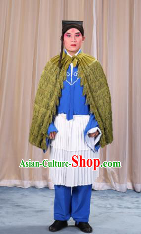 Traditional China Beijing Opera Master Keung Costume Green Straw Rain Cape, Ancient Chinese Peking Opera Wu-Sheng Coir Raincoat Clothing