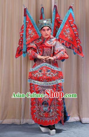 Traditional China Beijing Opera Takefu General Red Costume and Headwear Complete Set, Ancient Chinese Peking Opera Wu-Sheng Military Officer Clothing