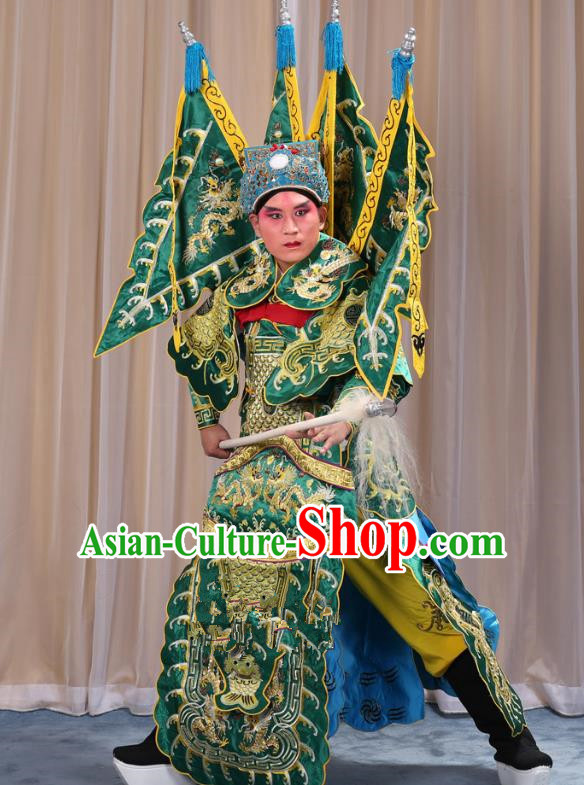Traditional China Beijing Opera Takefu General Green Costume and Headwear Complete Set, Ancient Chinese Peking Opera Wu-Sheng Military Officer Clothing