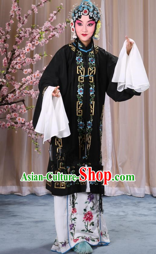 Top Grade Professional Beijing Opera Diva Costume Palace Lady Black Embroidered Cape, Traditional Ancient Chinese Peking Opera Princess Embroidery Dress Clothing