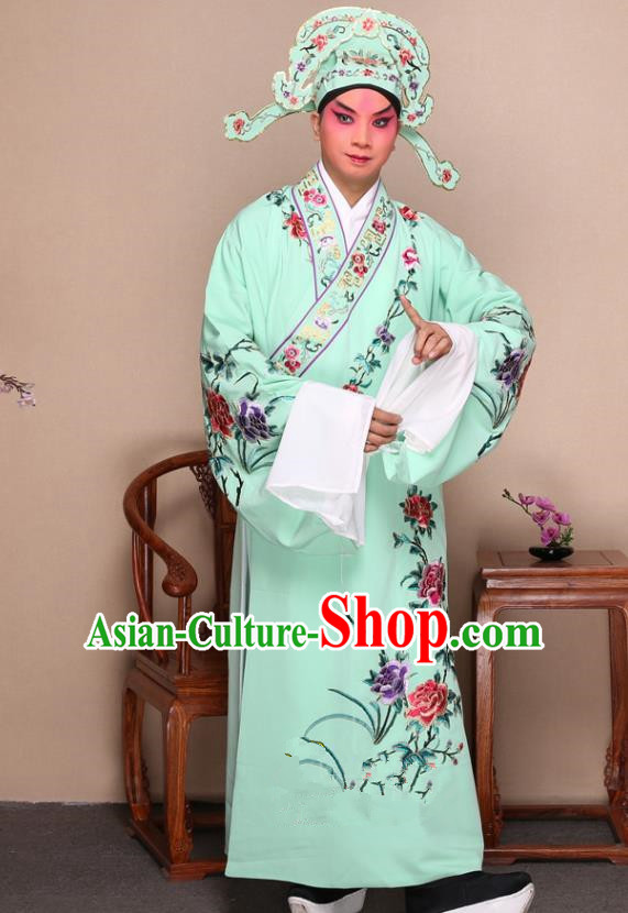 Top Grade Professional Beijing Opera Niche Costume Gifted Scholar Green Embroidered Robe and Shoes, Traditional Ancient Chinese Peking Opera Embroidery Peony Clothing