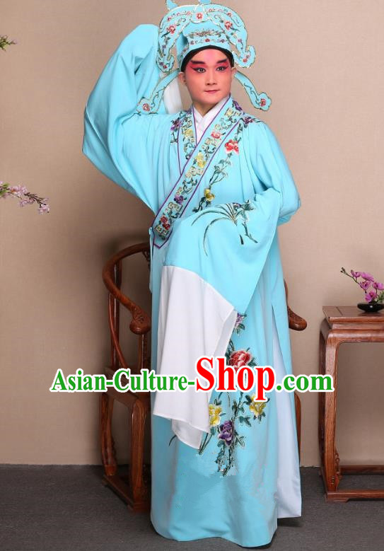 Top Grade Professional Beijing Opera Niche Costume Gifted Scholar Light Blue Embroidered Robe and Shoes, Traditional Ancient Chinese Peking Opera Embroidery Peony Clothing
