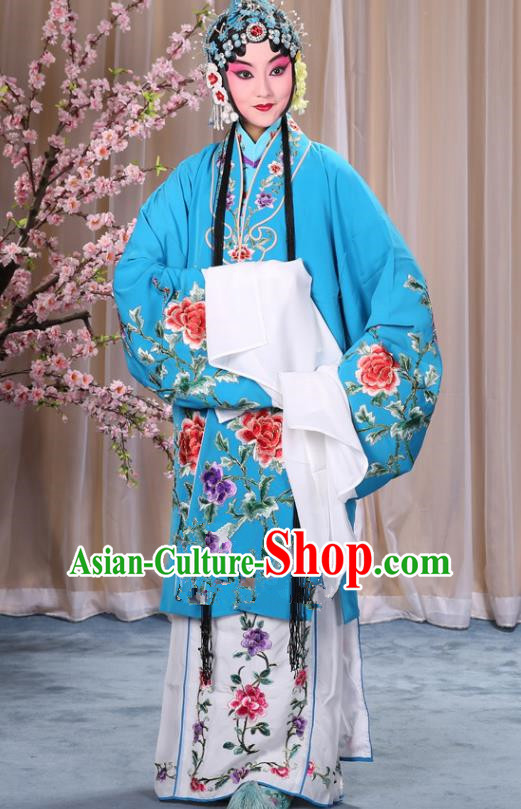 Top Grade Professional Beijing Opera Imperial Consort Costume Hua Tan Blue Embroidered Cape, Traditional Ancient Chinese Peking Opera Diva Embroidery Peony Clothing
