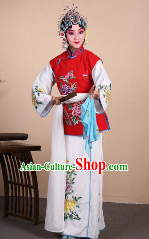 Top Grade Professional Beijing Opera Maidservants Costume Hua Tan Red Embroidered Waistcoat, Traditional Ancient Chinese Peking Opera Diva Embroidery Dress Clothing