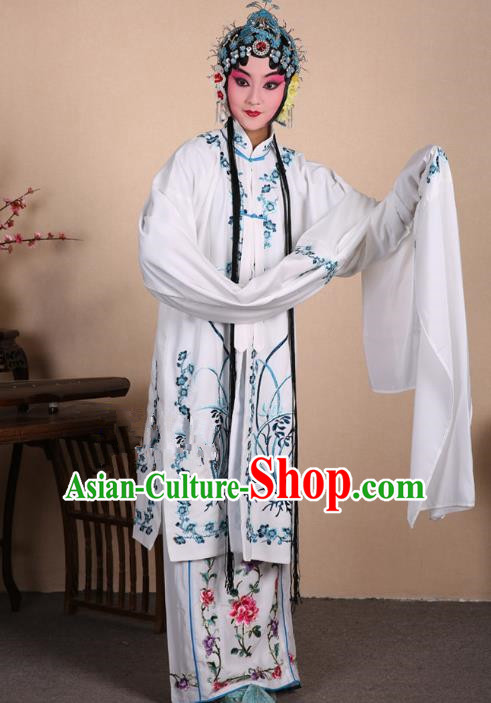 Top Grade Professional Beijing Opera Costume Hua Tan White Embroidered Orchid Cape, Traditional Ancient Chinese Peking Opera Diva Embroidery Dress Clothing