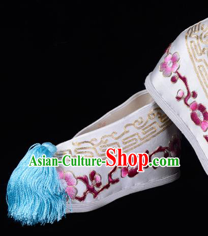 Top Grade Professional Beijing Opera Hua Tan Embroidered Plum Blossom Hidden Elevator White Satin Shoes, Traditional Ancient Chinese Peking Opera Diva Princess Blood Stained Shoes