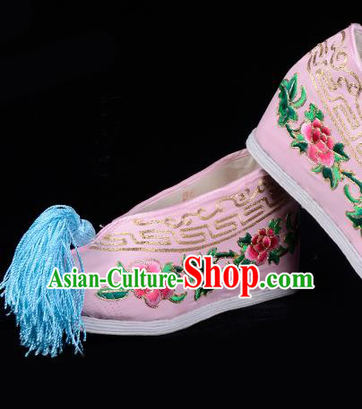 Top Grade Professional Beijing Opera Hua Tan Embroidered Peony Hidden Elevator Pink Satin Shoes, Traditional Ancient Chinese Peking Opera Diva Princess Blood Stained Shoes